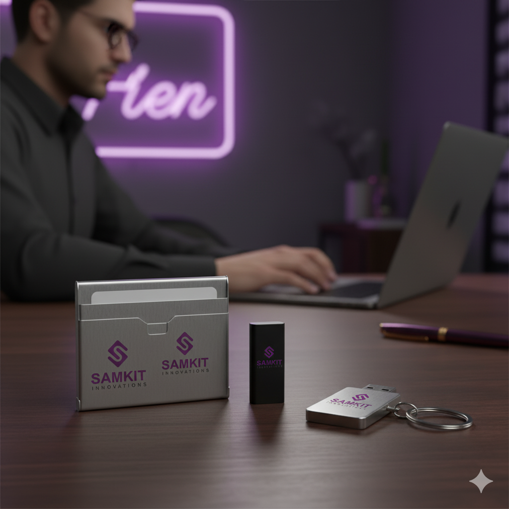 USB drive, a metal keychain, and a card holder.png